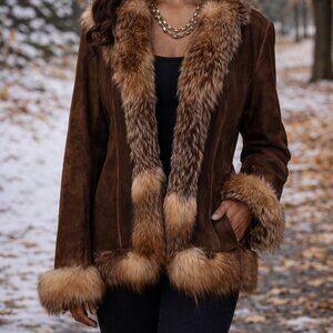 Iceberg Brown Fox Fur Trim Jacket | Luxury Fur-Trim Coat | Size S | Fall-Winter